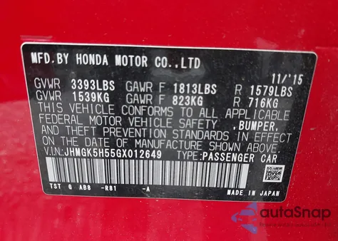 2016 Honda Fit Lx из США, поврежденный, VIN JHMGK5H55GX012649